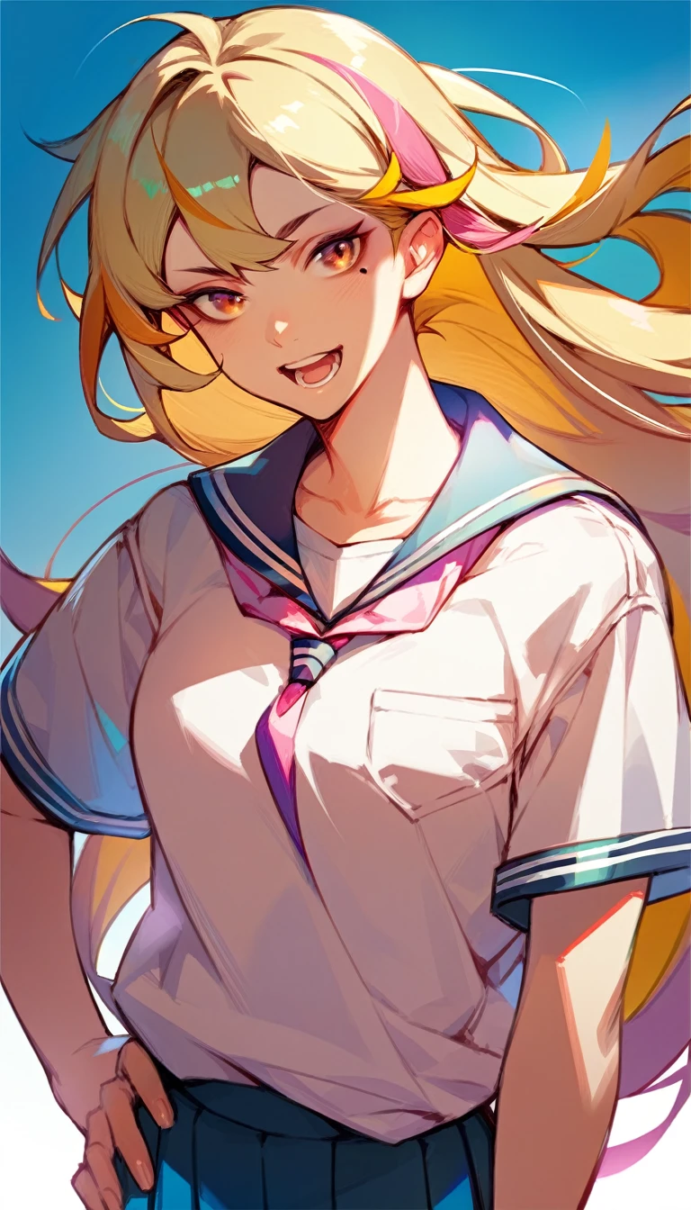 best quality , 1girl, natural makeup, long hair , yellow hair, pink streaked hair, school uniform, hand on hip,looking at viewer,open mouth,white background