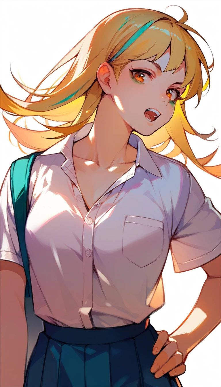 best quality , 1girl, natural makeup, long hair , yellow hair, pink streaked hair, school uniform, hand on hip,looking at viewer,open mouth,white background