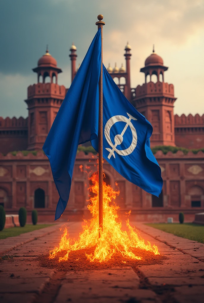 Sikh religion blue flag on red fort of india and indain flag on fire