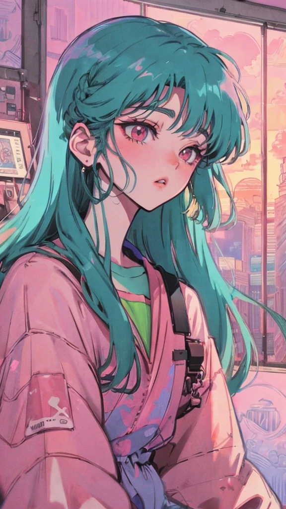 anime aesthetic, anime vibes, Lofi Artstyle, Lo-fi portrait by the window, Watching the sunset. anime, Lofty Girl, anime art wallpaper 4 k, anime art wallpaper 4k, anime art wallpaper 8 k, anime background art, Lofi Color, Lofi Art, anime asthetic, The background is a simple room wallpaper, The whole body is visible, Inorganic walls
