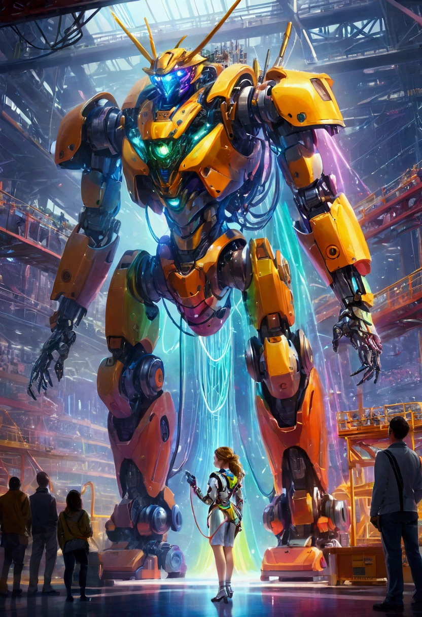 ((masterpiece, best quality)),illustration,Super Fine 8k,Reality,Clear focus,Very detailed,Professional lighting,Colorful Detailed,Extremely long shot of the rainbow-colored BREAK factory,Large machinery construction,Microchip,,Luminescence,Intricate details,Shitu-mecha,1 girl standing in front of the audience,Umbilical cord