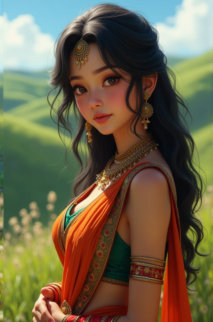hyuga Hinata, An Extremely Realistic Indian Woman, very beautiful, Indiana, Indian clothes, Indian Makeup, wearing jewelry