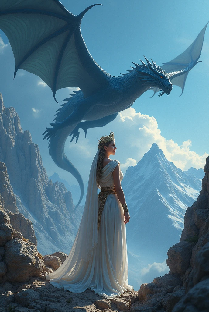 Goddess Hera watching a dark blue dragon flying over Mount Olympus.