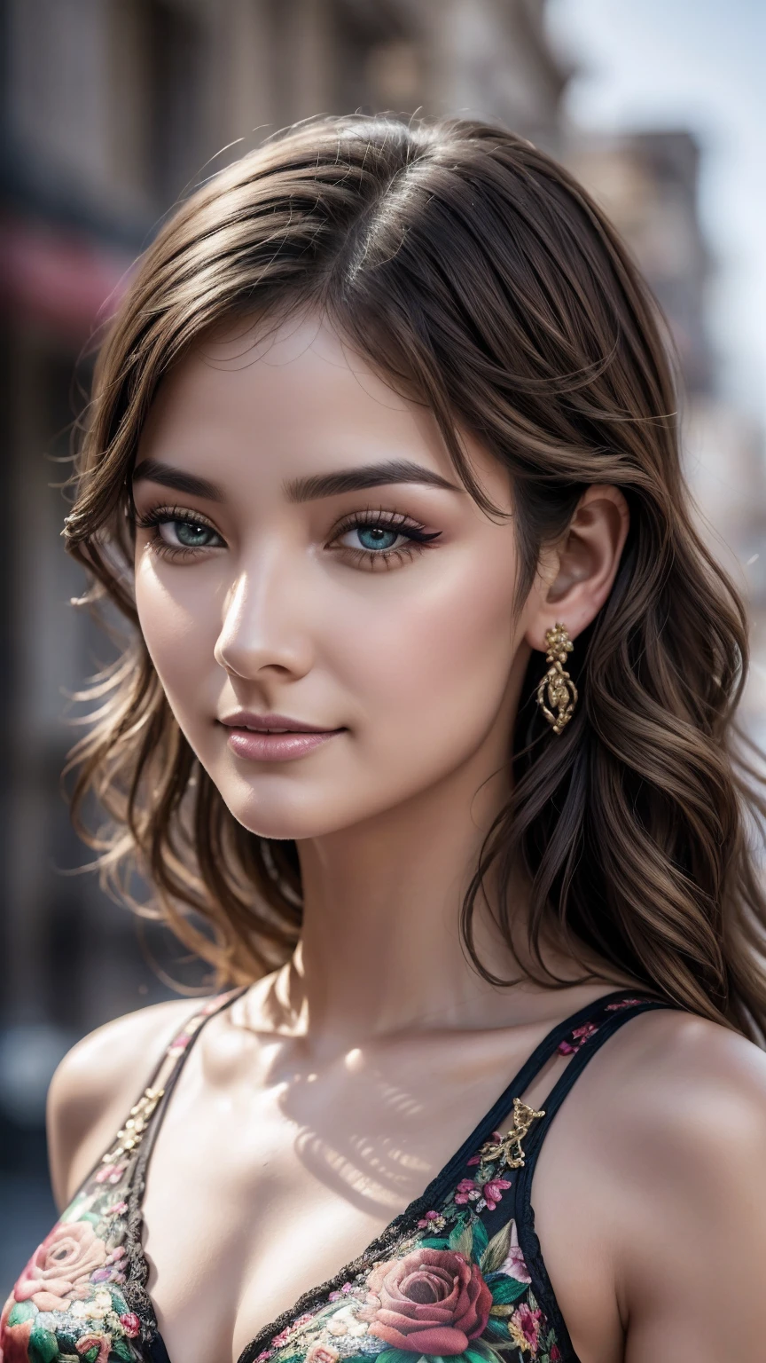 (photorealistic Realism 16K Quality, ultra-fine digital art), (Hyper-realistic proportional body, anatomically correct:1.3), beautiful girl, Half Body Portrait, Black Eyeshadow, ((Street Style Wear:1.35)), (Urban Background:1.25), The finer details, Complex, beautiful detailed glow, (super detailed beautiful, slim and sharp-face), (light pale complexion). BREAK, (Super beautiful, (Insanely details brown_eyes1.25), (tired and sleepy and satisfied:0.0), perfect round eyes, (finely detailed pupils:1.3), detailed, (Are happy,beautiful,Very detailed,emotional expression,Intense happy)), ((smiling, joyful face)), (perfect composition), Depth of field, cinematic light, Lens flare, dslr, best high quality soft lighting, sharp focus captured by Fujifilm XT3, f 5.6, in a dramatic lighting, dry skin, best high quality real texture skin, (A woman with velvety skin:1.3), (best high quality real texture hair), (blonde hair(wavy combed up, behind the ear:1.22)), (firm big full breasts), (slim muscled body), she is the embodiment of beauty and allure, ((Dressed in a breath taking, silk Dolce & Gabbana.Floral dress:1.3)), elegant fashion intricately detailed:1.28), floral couture, (clothes made of silk and flower:1.3), 3/5 long, (closeup to her face)
