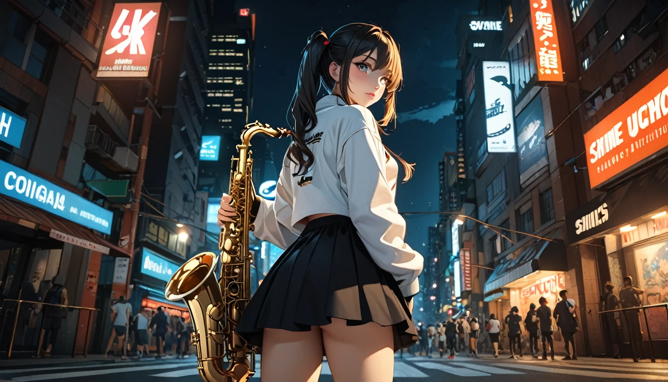 masterpiece, best quality, HuTaoV4, 1girl, solo, blush, twintails, long hair, hair between eyes, ((streetwear clothes)), city, outdoors, night, holding saxophone, movie poster, extremely detailed 8K, smooth, high resolution, ultra quality, cinematic lighting, ambient occlusion, hd, 2k, 4k, 8k, 16k, extremely detailed anime, detailed faces, perfect composition, wide shot, atmospheric lighting, very sexy, lift skirt, random low back angle, uncensored, nsfw, sin censura