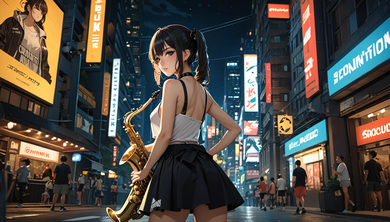 masterpiece, best quality, HuTaoV4, 1girl, solo, blush, twintails, long hair, hair between eyes, ((streetwear clothes)), city, outdoors, night, holding saxophone, movie poster, extremely detailed 8K, smooth, high resolution, ultra quality, cinematic lighting, ambient occlusion, hd, 2k, 4k, 8k, 16k, extremely detailed anime, detailed faces, perfect composition, wide shot, atmospheric lighting, very sexy, lift skirt, random low back angle, uncensored, nsfw, sin censura