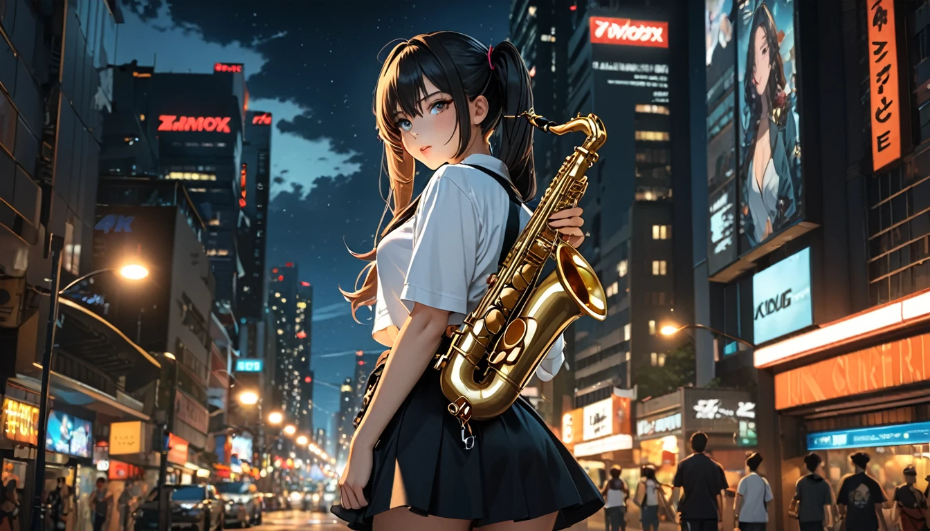 masterpiece, best quality, HuTaoV4, 1girl, solo, blush, twintails, long hair, hair between eyes, ((streetwear clothes)), city, outdoors, night, holding saxophone,  movie poster, extremely detailed 8K, smooth, high resolution, ultra quality, cinematic lighting, ambient occlusion, hd, 2k, 4k, 8k, 16k, extremely detailed anime, detailed faces, perfect composition, wide shot, atmospheric lighting, very sexy, lift skirt, random low back angle, uncensored, nsfw, sin censura