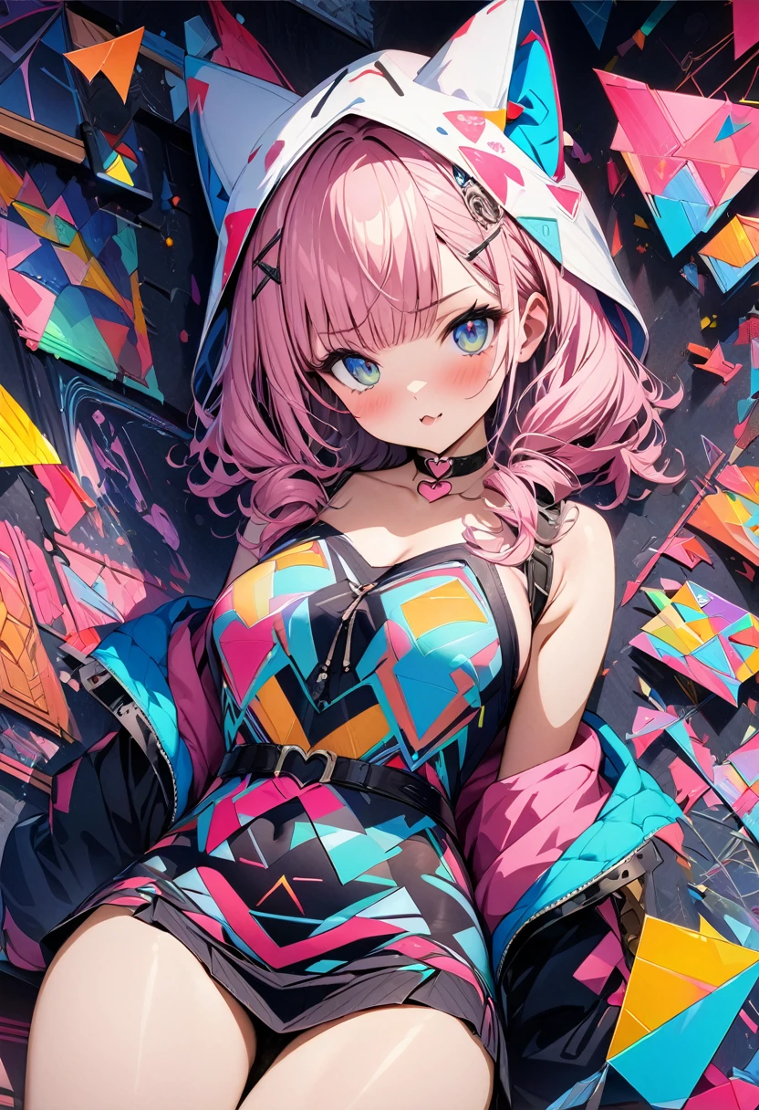Heart-shaped choker, (masterpiece, Highest quality), Official Art, beautifully、beautiful: 1.2), (1 girl), Very detailed, (Geometry Art: 1.3), colorful、Pink Bob Hair、Cat ear hood、mini skirt
