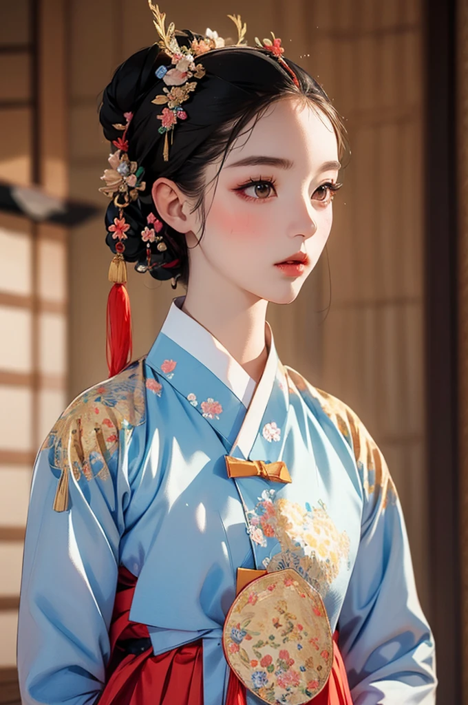 one person 16th century korean woman, hanbok, traditional korean clothing, portrait, upper body, sexy beauty, seductive, mature, sensual, Ink painting