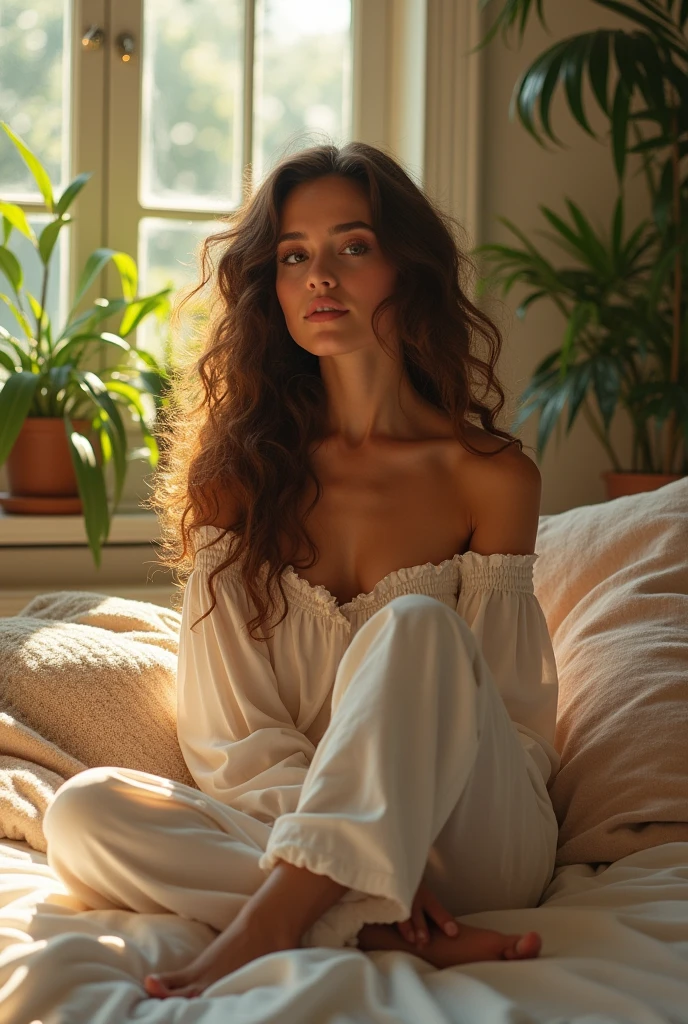 (photorealism:1.2), beautiful woman, sitting on bed, wearing loose off-shoulder top, pajama pants, long curly hair, indoors, soft lighting, plants in background, window with sunlight, cozy room, relaxed pose, realistic, intricate details, warm colors, by Greg Rutkowski, by Alphonse Mucha