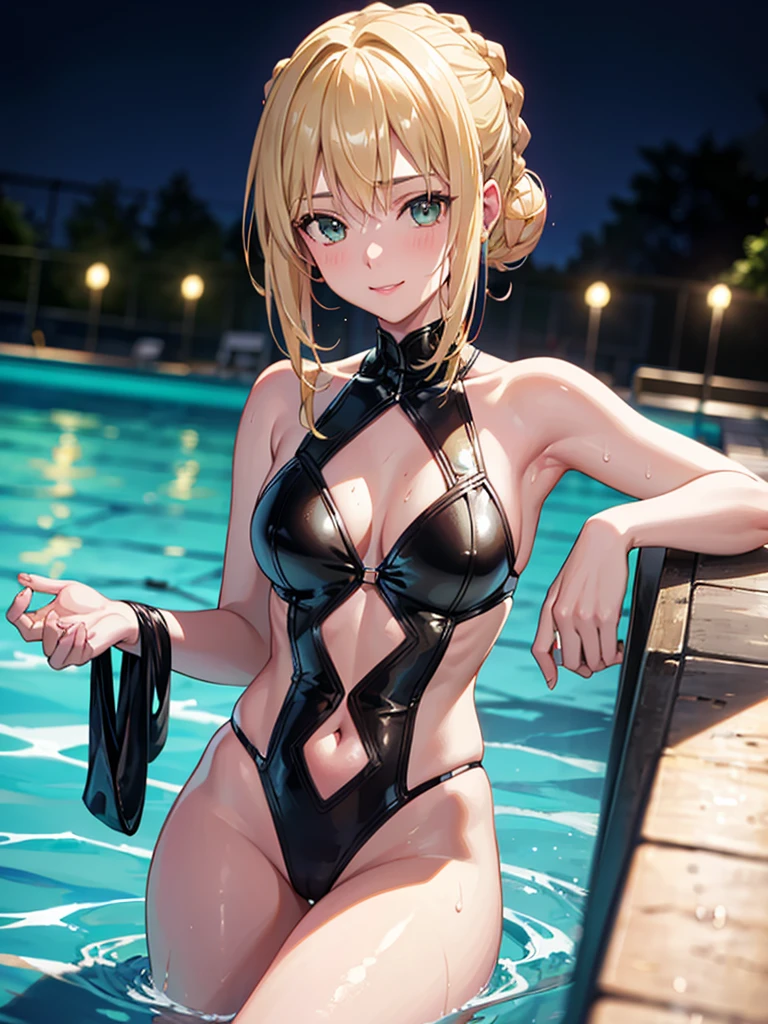 masterpiece, absurdres, (high quality), (detailed lighting), beautiful face, ultra detail, 8k wallpaper, young girl, saber_fatestaynightufotable,blonde hair, short hair, sidelocks, bangs, ahoge, single hair bun, french braid, lips, blush,ass visible through thighs, swimsuit,bikini,navel, looking at viewer, wet, wet hair, soaking wet, outdoors, poolside, night, solo, smiling at viewer, on side, reaching hand,escort