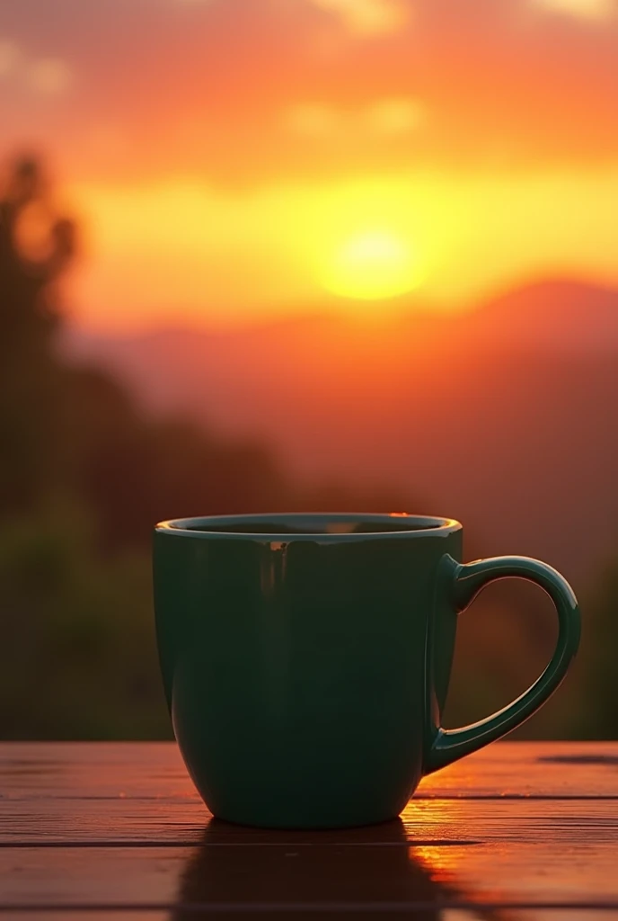 Green coffee mug  sunset view