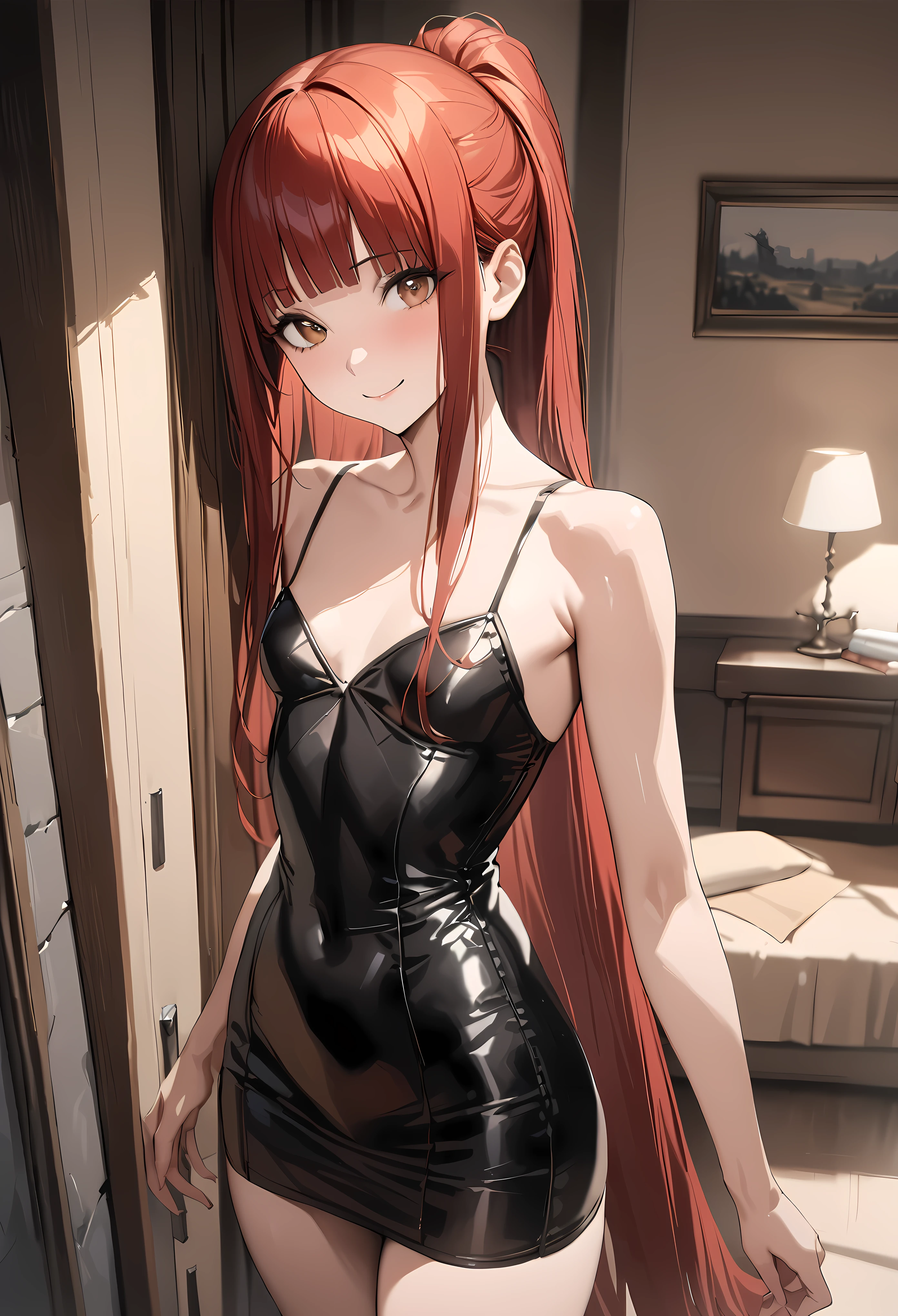 ((masterpiece,best quality anime,Highest quality:1.3)),realistic,,cowboy shot,(30 year old beauty), gunslinger ,1woman,solo,((very small head:1.4)),((very long body:1.3)),red hair,bangs,(straight long ponytail hair),gorgeous big eyes,brown eyes,smile,((black mini dress)),((slender body:1.3,skinny)),small breasts,gleaming skin,shiny skin,Luxury hotel party venue、Large number of invited guests、The World of Westerns、