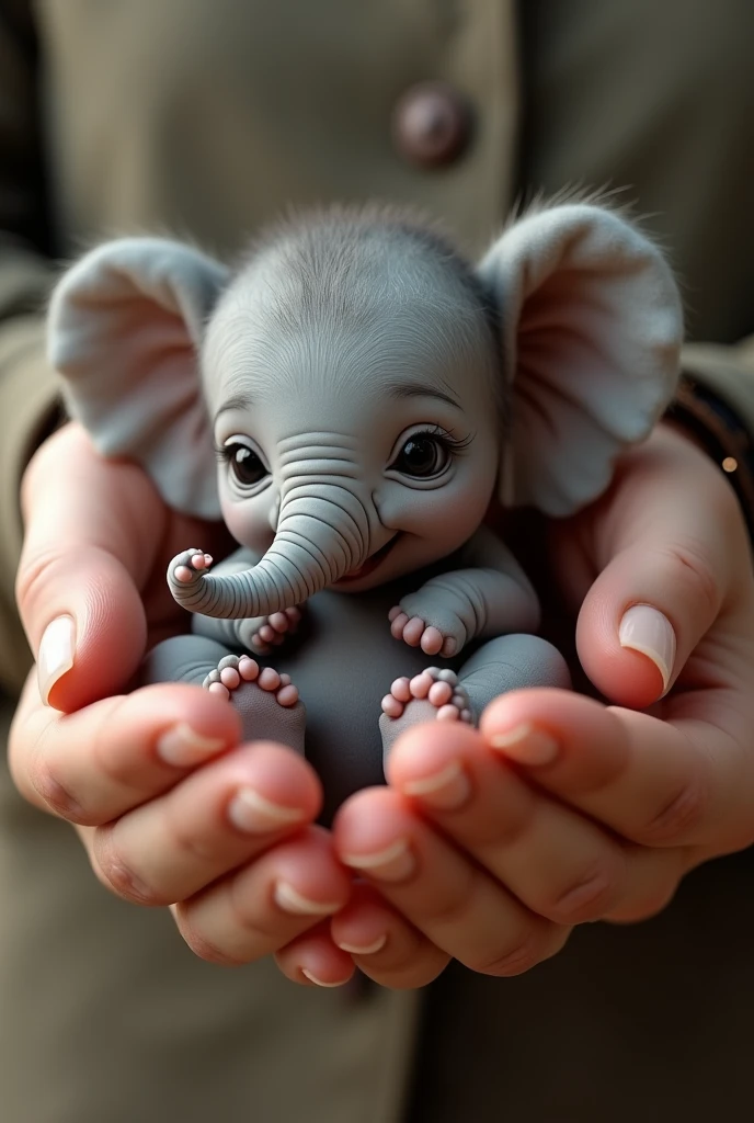 Create an adorable image of a newborn elephant begin gently held by a human fingers highlighting the tiny and delicate features of the baby elephant. The focus should be on the elephant's expressive eyes , cute trunk ,and soft , wrinkled skin. The image should convey a sense of tenderness and wonder, capturing the innocence and vulnerability of the young animal