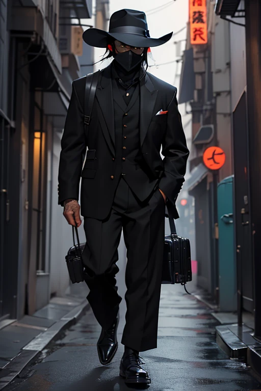 Create a character using a tenkuu shinpan mask that covers their face, a black hat and a black suit. he has his hands in his pocket, while walking down a dark street lit by bar lights 
