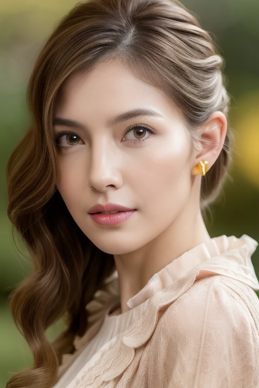 (masterpiece), (8K, realistic, RAW photo, best quality: 1.4), (1 woman),Korean skin Model (Loane Normand:1.4), age 45, feminine female,(a cute and beautiful face), (incredibly beautiful body), top-quality, masterpiece, high resolution, Photorealistic, highly detailed, true to life, detailed eyes, detailed beautiful nude bare ears, (((no earrings))), life-like detailed beautiful brown eyes, beautiful detailed ((styled updo loose hair bun and wavy long black brown layered hair)), (((hair tucked behind ears))), extremely detailed skin, wrinkles, slight skin blemish, beautiful moist pink lips, (exceptional delicate perfect ears), hyper realistic dark brown eyes, sincere, confident, mesmerizing eyes facing down,(double eyelid) , (realistic face), ((fresh dewy skin texture), (moist lips)), professional natural makeup, translucent white skin, embedding: n0irgirl, realistic eyes, beautiful ear skin texture, (realistic skin), beautiful skin, attractive, cute face, ultra high resolution, extremely realistic, very detailed, golden ratio, full view whole body photograph,wearing ((neutral colors coordinate amber peach light brown colors, wearing on exterior layer a long frill lace trench coat,a pleated plaid mid-length skirt, a embroidered white cotton blouse underneath trench coat, nude tights, wearing long boots, couture fashion, thierry mugler, by Alesubtle)), background a cozy french cottage muted pastel colors on the walls and a large french antique double door that lets in natural diffused sunlight, Raw photography, flawless, professional lighting, woman's expression is calm thoughtful as she gazes slightly to the right side, overall mood is serene and nostalgic, shallow depth of field, high detail, elegant, pose: standing relax effortless ((Stand at angle turn towards right side, soft gaze, serene face eyes)), Realistic,sharp focus,(intricate:1.03),Hyper Real, sharp focus side body, (bare nude ears), award winning photography,same model in 2 scenes