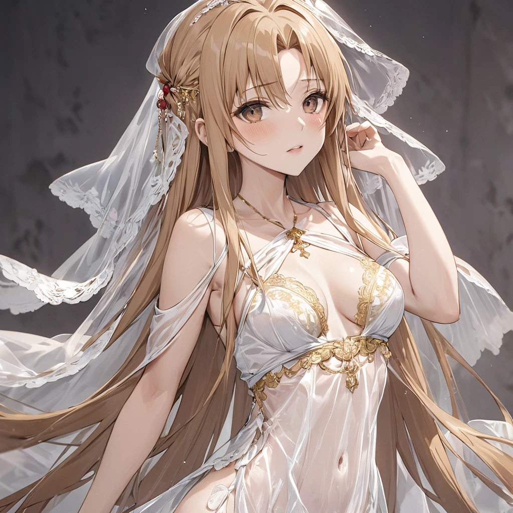 ((Highest quality)), ((masterpiece)), (detailed), (Perfect Face)、The woman is brainwashed, her skin is completely white, and she's wearing a creepy clown mask.、The woman is Yuuki Asuna, with light brown, medium-long hair, wearing a completely transparent outfit with gorgeous gold embroidery and trim, a veil, a transparent cape, and gorgeous accessories.、The woman is not wearing a bra、The woman is not wearing underwear