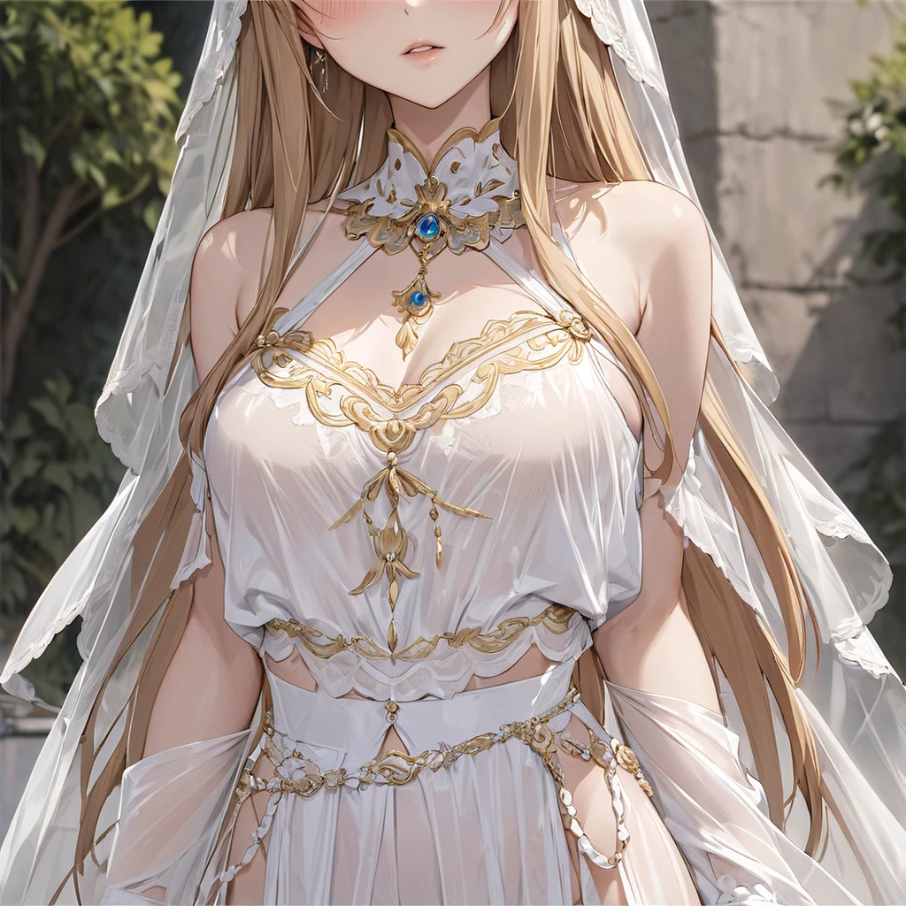 ((Highest quality)), ((masterpiece)), (detailed), （Perfect Face）、The woman is brainwashed, her skin is completely white, and she's wearing a creepy clown mask.、The woman is Yuuki Asuna, with light brown, medium-long hair, wearing a completely transparent outfit with gorgeous gold embroidery and trim, a veil, a transparent cape, and gorgeous accessories.、The woman is not wearing a bra、The woman is not wearing underwear