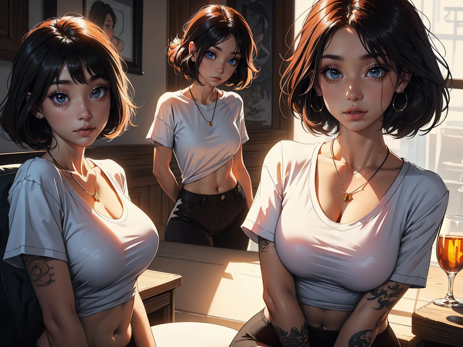 A stunning woman stands solo, hips slightly upturned, her detailed face radiating a sultry invitation. amber eyes shine like warm honey as she sports multi-colored hair with trendy bangs. A tattooed dragon wraps around her toned physique, visible beneath a fitted t-shirt that accentuates her chest. A delicate necklace glimmers against her skin as she confidently wears a sexy smile. Her mischievous gaze seems to say 'come closer', drawing the viewer's eye like a magnet. Framed by a soft, beauty is perfectly balanced and on full display, with the tip of the nipple showing through