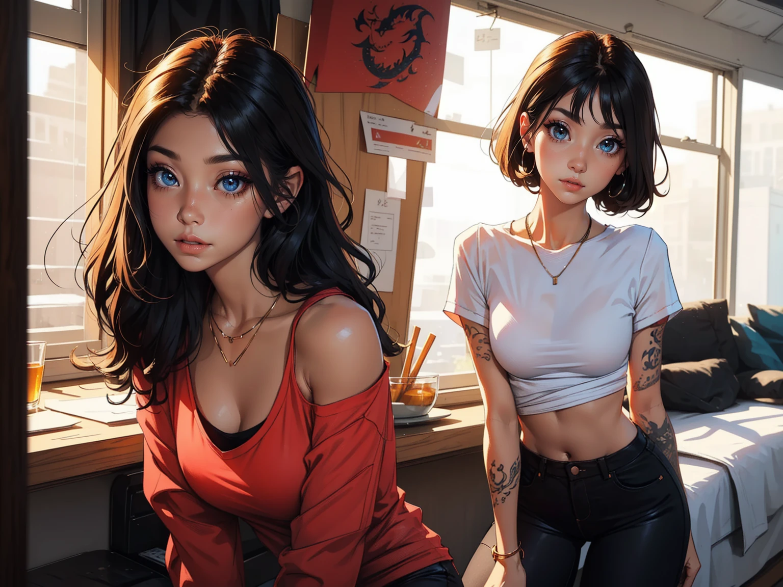 A stunning woman stands solo, hips slightly upturned, her detailed face radiating a sultry invitation. amber eyes shine like warm honey as she sports multi-colored hair with trendy bangs. A tattooed dragon wraps around her toned physique, visible beneath a fitted t-shirt that accentuates her chest. A delicate necklace glimmers against her skin as she confidently wears a sexy smile. Her mischievous gaze seems to say 'come closer', drawing the viewer's eye like a magnet. Framed by a soft, beauty is perfectly balanced and on full display, with the tip of the nipple showing through