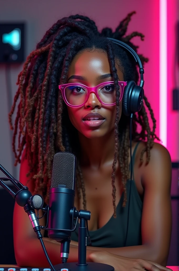 Black anime girl with dreadlocks and pink glasses in a podcast