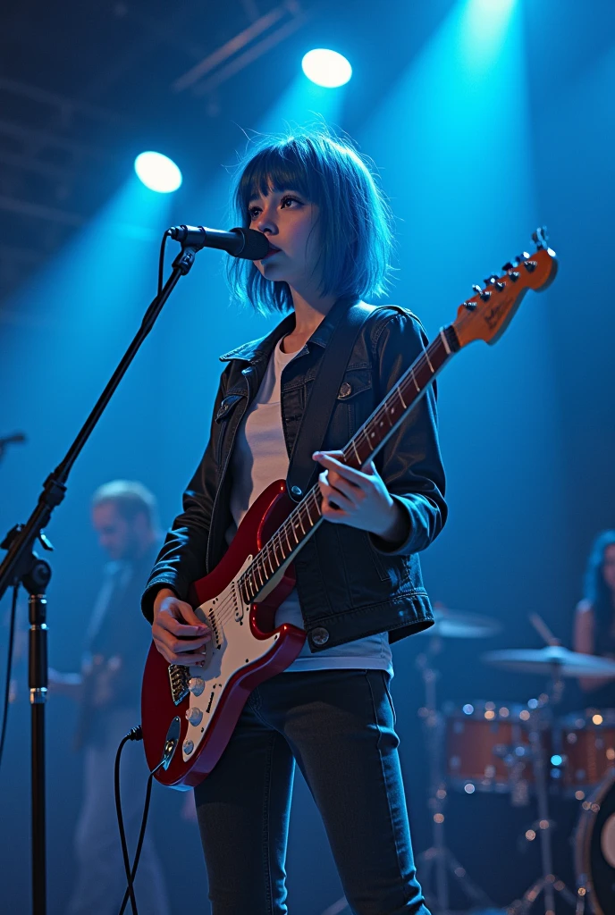 A 16-year-old girl with blue, medium-length hair who likes rock music., I was singing in a rock band as the vocalist