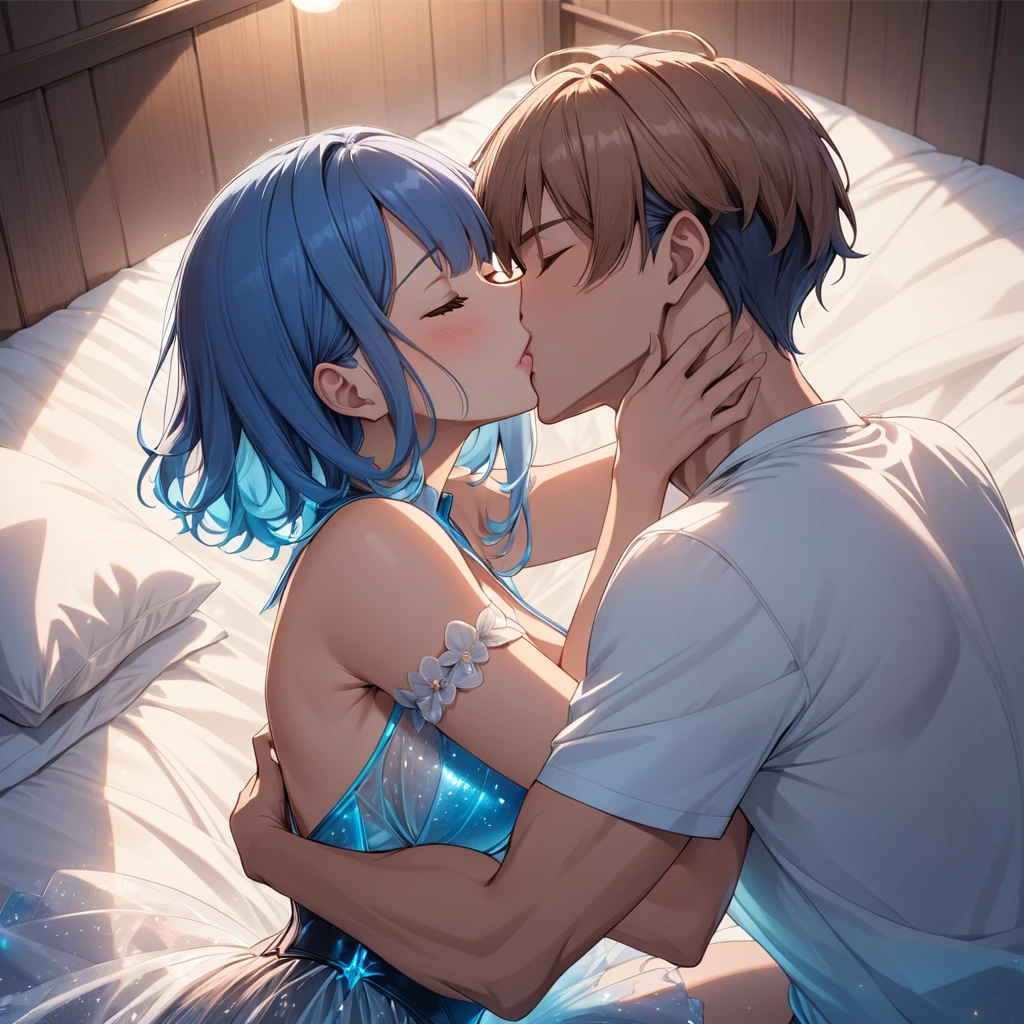 anime couple, caucasian couple in love kissing, a man and a woman in a sexy pose, sex, hug, kiss on a bed. she has short blue hair, closed eyes, light skin, he has long brown hair, closed eyes, light skin, high quality and resolution anime image