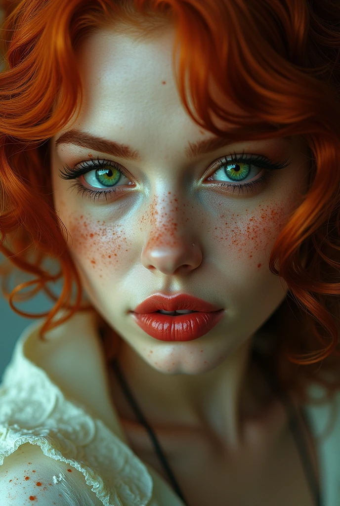 Woman with many moles on her face and neck, emerald green eyes, full red lips, upturned nose, wavy red hair, arched eyebrows and a fox-like look 
