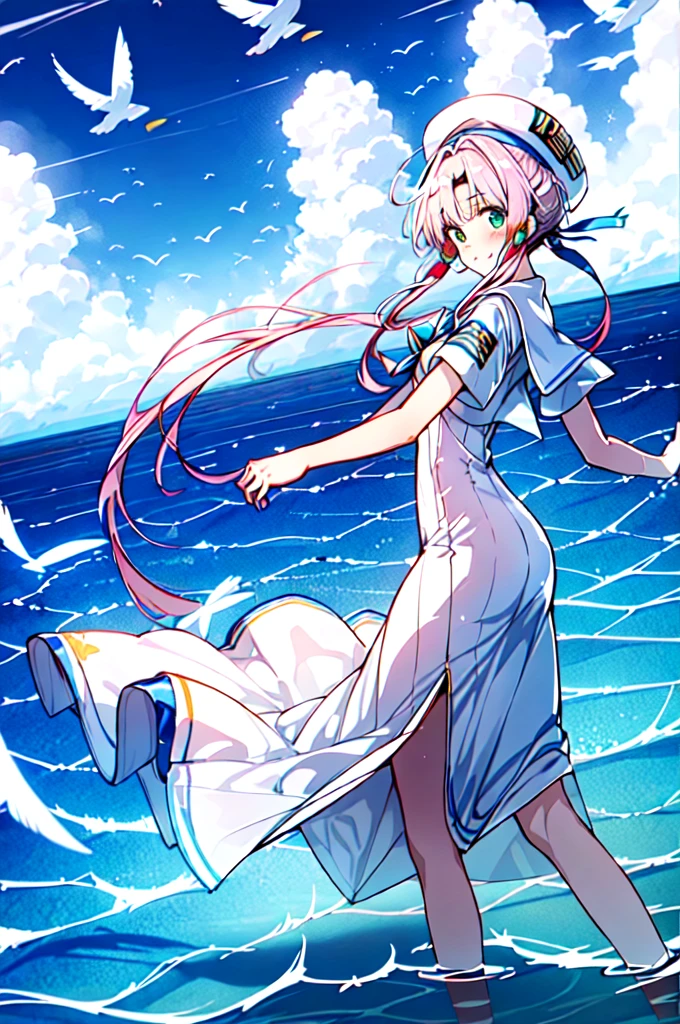 ((masterpiece,Highest quality)), Mizunashi Akari, uniform, dress, white dress, Have, Sailor collar,
Ocean, On the water, null, cloud, Outdoor, bird, Dutch Angle, long dress, Side slits