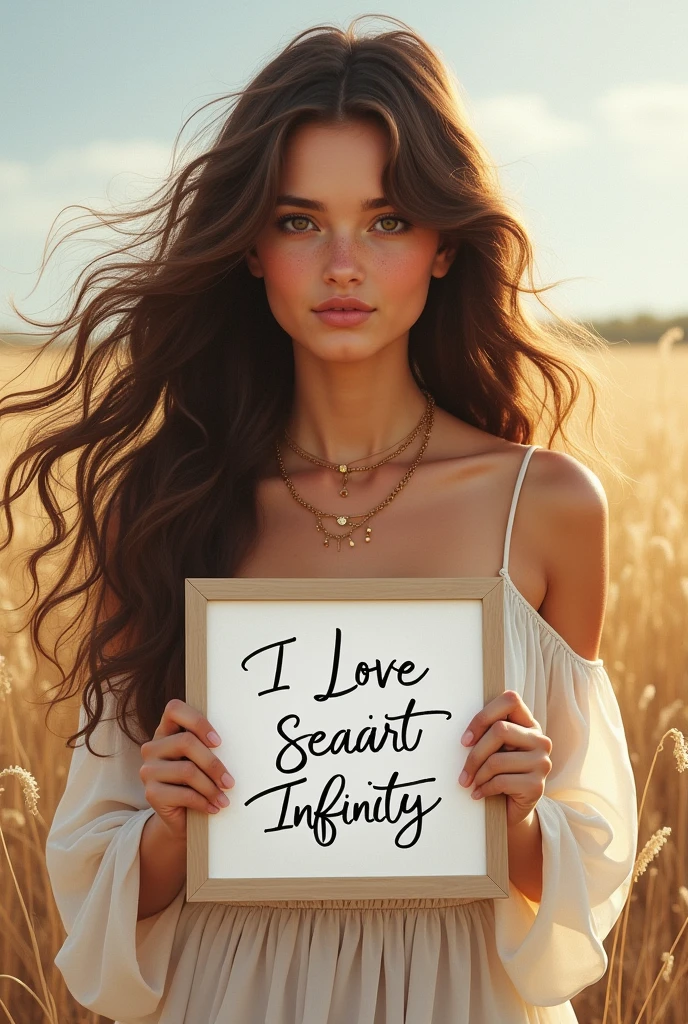 Beautiful girl with wavy long hair, bohemian dress, holding a white board with text "I Love Seaart Infinity" and showing it to the viewer