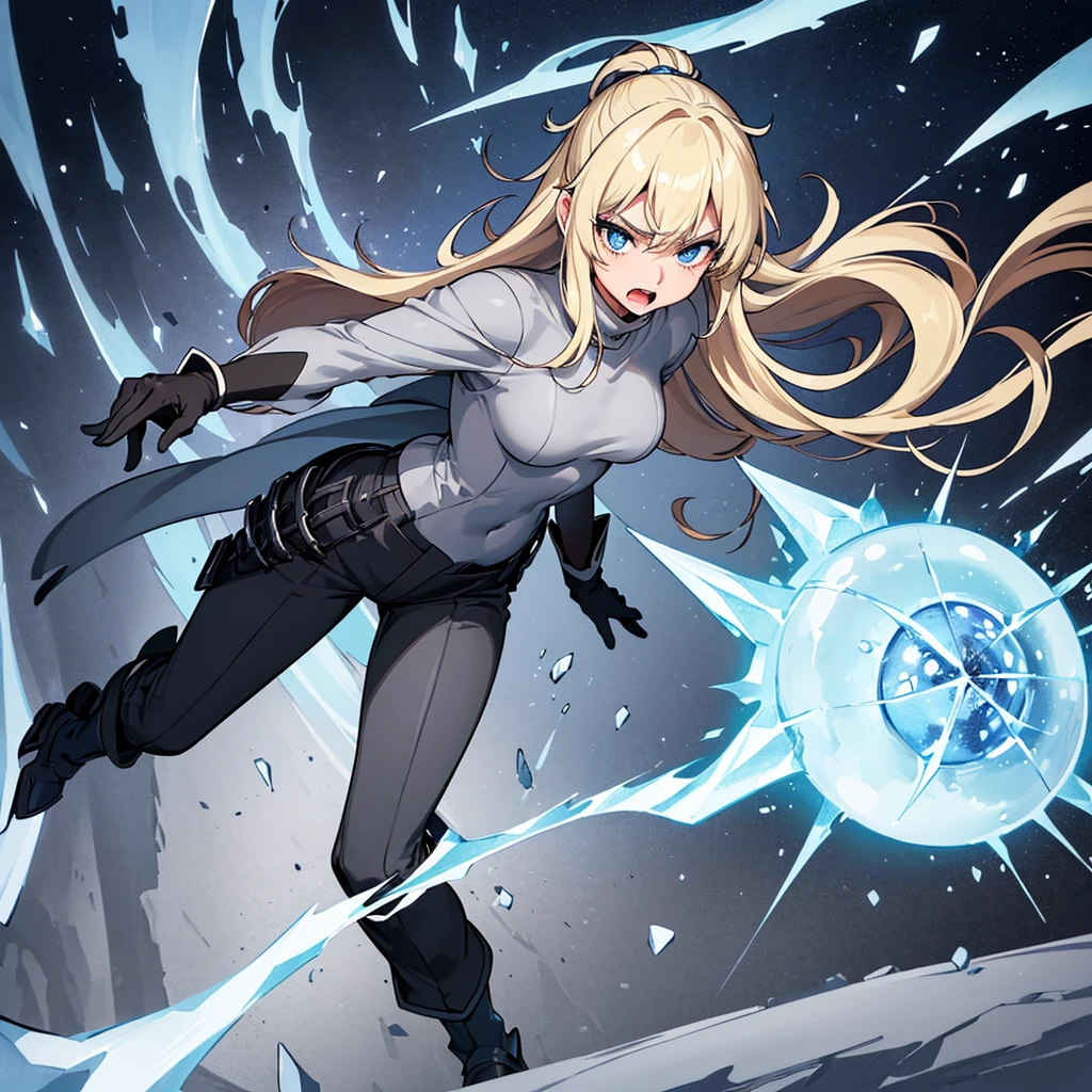 ((((Solo))))、Best illustrations、Best Quality、(Full body character concept、Character Design)、(((Grey Armor、Black trousers、Black gloves))、(woman、18-year-old)、(Blonde、Long Hair)、(Get Ready)、(get annoyed、Open your mouth)、(Particles of light, Blue aura, ice、iceの玉、巨大なiceの塊、iceの魔法)、Dramatic Angle、Snowstorm