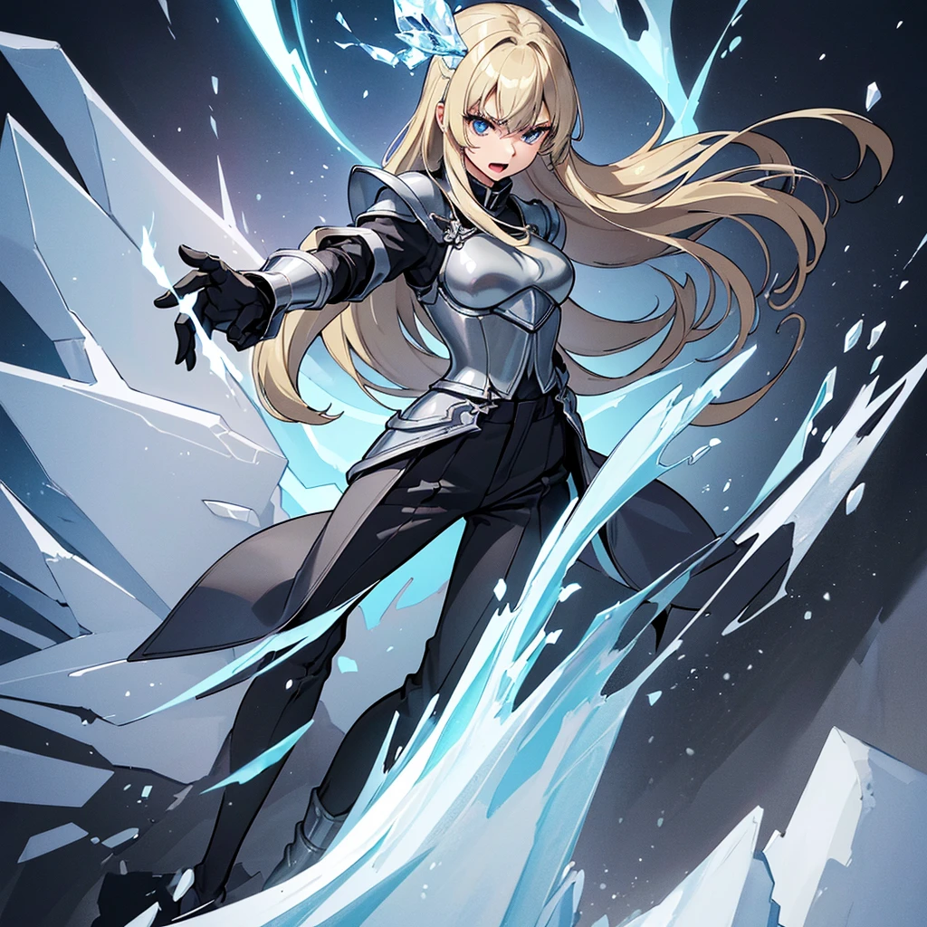 ((((Solo))))、Best illustrations、Best Quality、(Full body character concept、Character Design)、(((Grey Armor、Black trousers、Black gloves))、(woman、18-year-old)、(Blonde、Long Hair)、(Get Ready)、(get annoyed、Open your mouth)、(Particles of light, Blue aura, ice、iceの玉、巨大なiceの塊、iceの魔法)、Dramatic Angle、Snowstorm