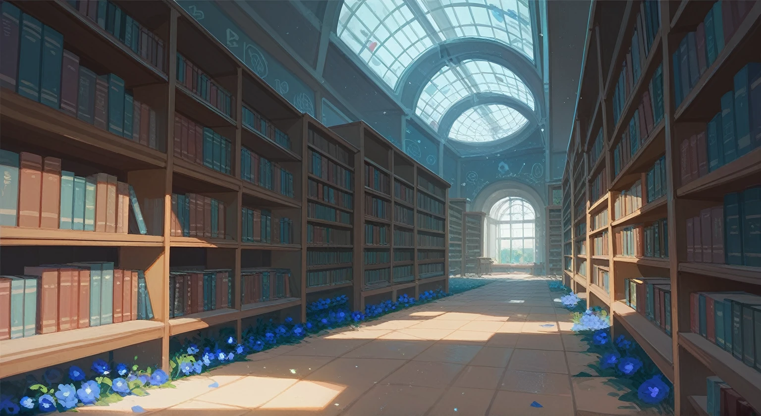 library,Graffiti,Holy Light,Dome,bookshelf,(The floor is a blue flower field),High Detail,Scenery,Highest quality,absurd