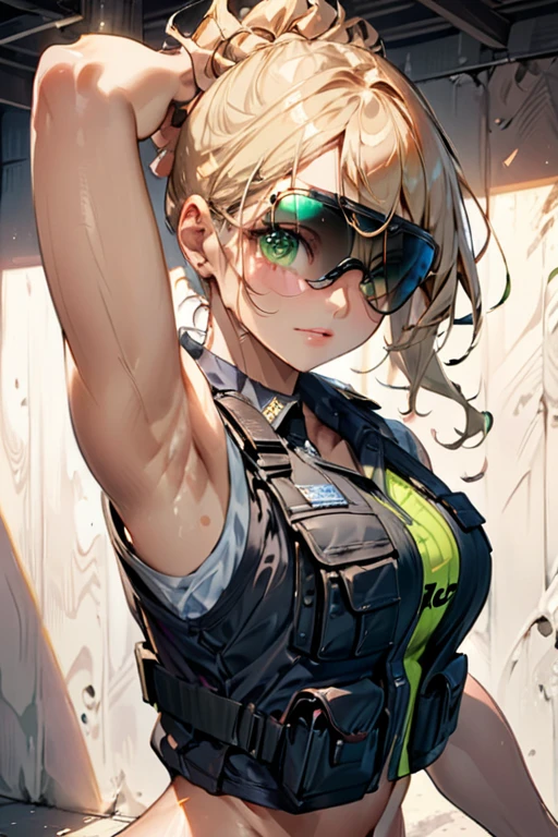 college woman; Athletic and toned physique; naturally attractive with delicate features; long, wavy blonde hair often tied back; striking green eyes; fair skin with a light tan; best quality; soft blur background; trending on artstation; complex volumetric lighting; strong shadows; artistic lighting; dynamic; energetic vibe; realistic skin; specular highlights; micro-textures; highly detailed hair; police uniform with long sleeves and bullet proof vest and holding up a pistol with her hand on the pistol grip; wearing aviator sunglasses over her eyes