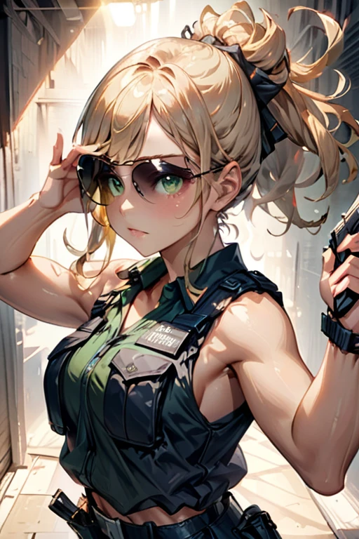 college woman; Athletic and toned physique; naturally attractive with delicate features; long, wavy blonde hair often tied back; striking green eyes; fair skin with a light tan; best quality; soft blur background; trending on artstation; complex volumetric lighting; strong shadows; artistic lighting; dynamic; energetic vibe; realistic skin; specular highlights; micro-textures; highly detailed hair; police uniform with long sleeves and bullet proof vest and holding up a pistol with her hand on the pistol grip; wearing aviator sunglasses over her eyes