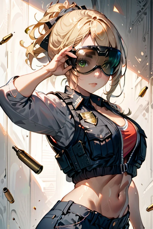 college woman; Athletic and toned physique; naturally attractive with delicate features; long, wavy blonde hair often tied back; striking green eyes; fair skin with a light tan; best quality; soft blur background; trending on artstation; complex volumetric lighting; strong shadows; artistic lighting; dynamic; energetic vibe; realistic skin; specular highlights; micro-textures; highly detailed hair; police uniform with long sleeves and bullet proof vest and holding up a pistol with her hand on the pistol grip; wearing aviator sunglasses over her eyes