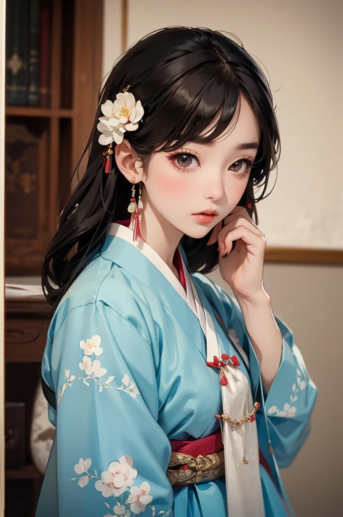 one person 16th century korean woman, hanbok, traditional korean clothing, portrait, upper body, sexy beauty, seductive, mature, sensual, Ink painting