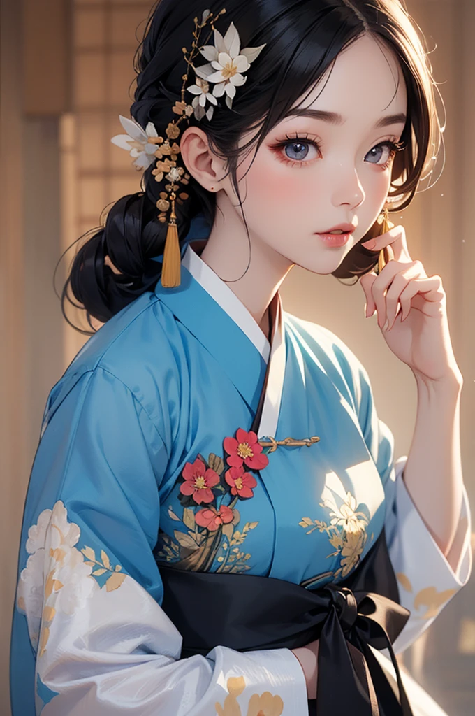 one person 16th century korean woman, hanbok, traditional korean clothing, portrait, upper body, sexy beauty, seductive, mature, sensual, Ink painting