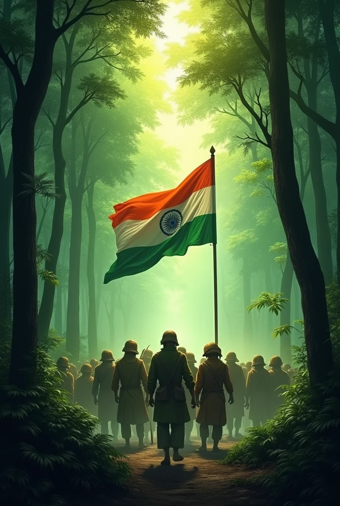 Deep green forest with beautiful Indian flag with beside freedom fighters.