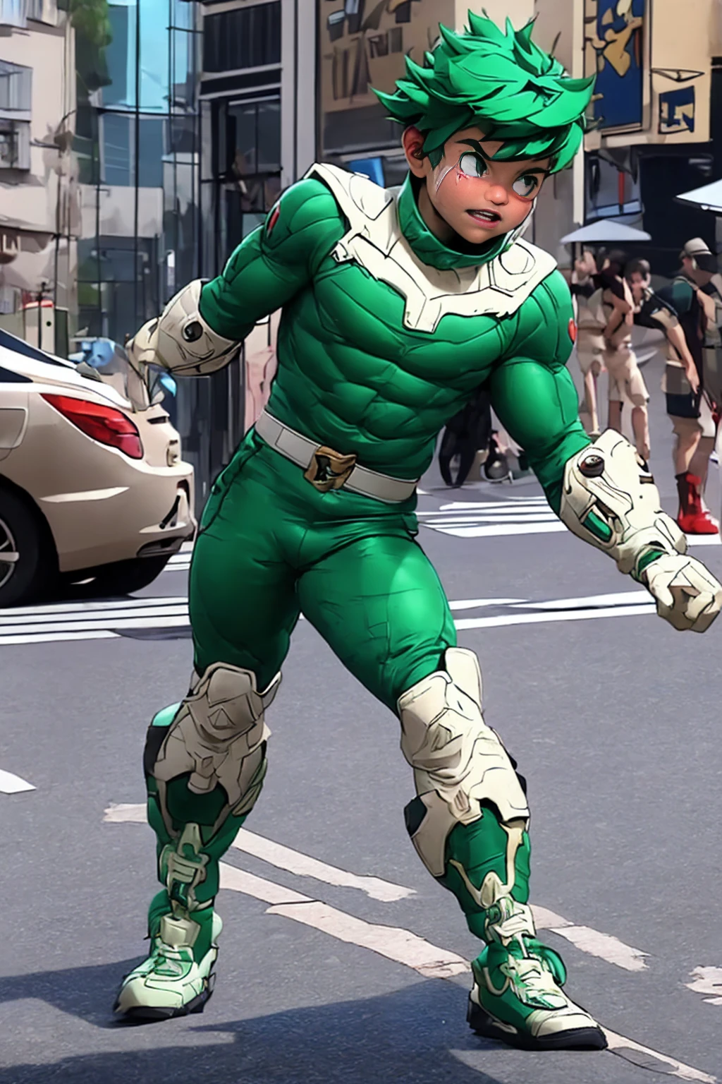 Huge muscles,Huge erect penis,On the roofs of Paris,Massive ,blushing cheeks,Green Hair,Green clothes,Hero Suit,Crying and distorting face in pain,12 year old boy ejaculating