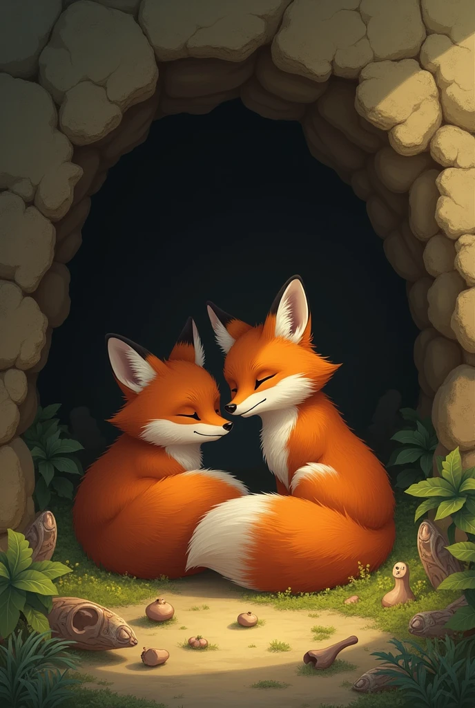 Now I want the foxes to grow together in a cave that is their home