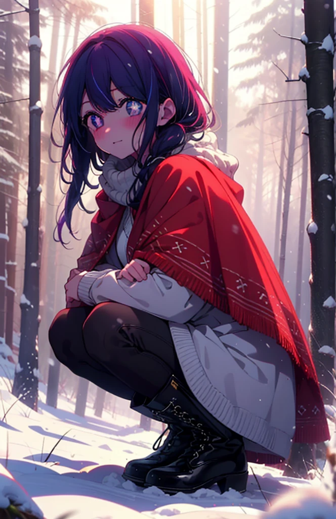 aihoshino, Ai Hoshino, Long Hair, bangs, (Purple eyes:1.1), Purple Hair, (Symbol-shaped pupil:1.5), smile,,smile,blush,white breath,
Open your mouth,snow,Ground bonfire, Outdoor, boots, snowing, From the side, wood, suitcase, Cape, Blurred, , forest, White handbag, nature, Squat, Mouth closed, Cape, winter, Written boundary depth, Black shoes, red Cape break looking at viewer, Upper Body, whole body, break Outdoor, forest, nature, break (masterpiece:1.2), Highest quality, High resolution, unity 8k wallpaper, (shape:0.8), (Beautiful and beautiful eyes:1.6), Highly detailed face, Perfect lighting, Highly detailed CG, (Perfect hands, Perfect Anatomy),