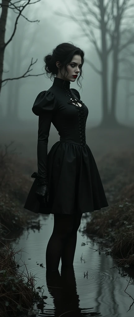 monochrome film, drama, stuck in bog,high-neck style, closed Puritan dress, short mini-dress, hips, high-neck dress, aristocratic hairstyle, stockings with garters, red lips, goth, aristocratic, gloves, Duchess, noir