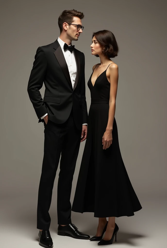 Higher quality , v shaped man in elegant clothes, wearing glasses , a neat cut hair and beside him a short girl in shourlder length hair with a long black elegant dress wearing saint laurant heels