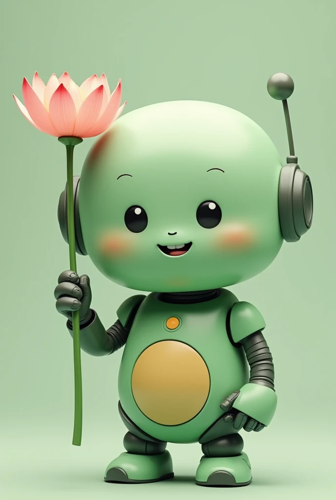 A friendly, chubby, light green robot displaying an open lotus flower in its hand, looking straight ahead.