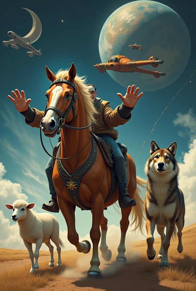 A horse with human hands piloting a spaceship accompanied by a sheep and a wolf