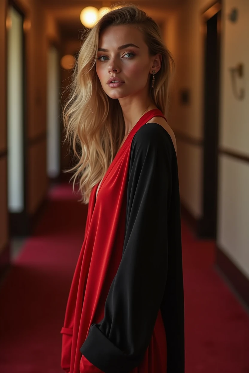 une femme de 20 ans aux cheveux cuivrés, peau blanche, yeux marrons fins , corps entier photographié dans le couloir d'un hôtel luxueux portant une longue, Robe rouge et noir moulante, Beaux yeux détaillés, belles lèvres détaillées, yeux et visage extrêmement détaillés, long cils, Haute qualité, 8k, hyperréaliste, Photoréaliste, Rendu basé sur la physique, Couleurs vives, éclairage de studio, détails complexes 1080p 4k