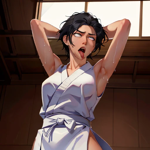 ((((masterpiece, best quality, high resolution)))), Extremely detailed 8K, 1 female, wearing a white Karate gi, (ahegao),white eyes, Small breasts, sash, japanese clothes,  No underwear,No eyeballs, Facing the audience, looking at the audience, tired, from below, (Exposed armpit:1.1), ((armpit:1.2)), sexy, Sweating, More and more sweat,(ahegao), (Roll your eyes),  open mouth, Sticking out tongue, saliva, Slobber,Skinny, raise arms, (arms above head:1.5)(Ultra HD, Ultra-detailed, Highly detailed, Highly realistic, Ultra-realistic, photograph realistic), (1girl:1.5), (Realistic black hair), (dynamic poses), facing at camera, looking at viewer, (slightly serious face), (perky breasts:1.2), (beautiful detailed face, beautiful detailed eyes), ((worn out karate gi)), (preparing for a fight), sweat, glow, (sunbeam, sunlight), ((cowboy shot)), inside a training gym, seductive, EnvyBetterHands LoCon,