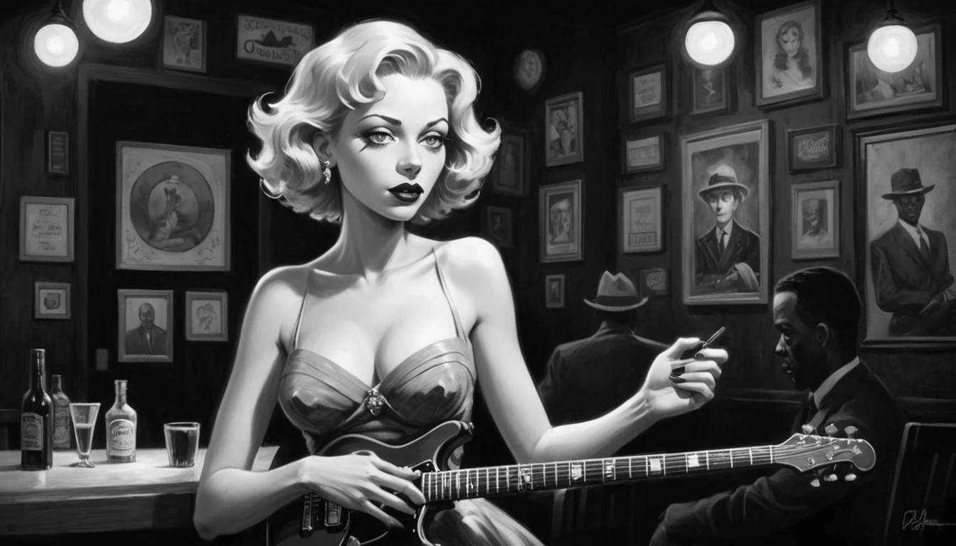 robert johnson, gritty, alabama bar, blue note, charismatic, illustration, bw, noir fantasy, lone blonde lady, saxophonist