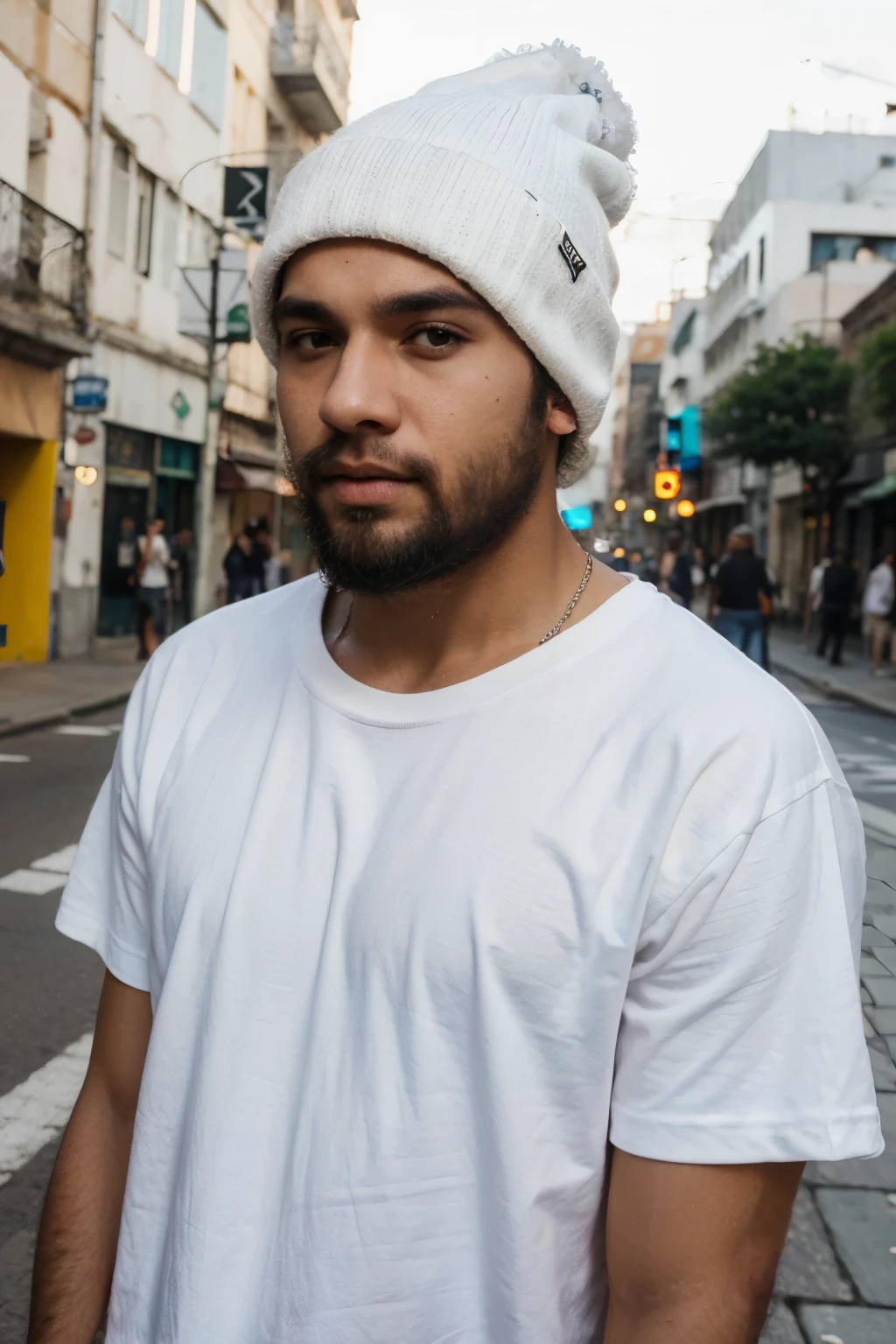 Brazilian man, white skin, black eyes, bearded, wearing a beanie, plain white oversized t-shirt without a print, street background